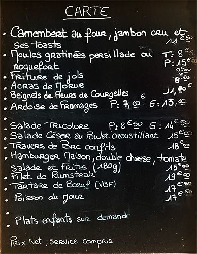 Bar du Caou à Figanières, la carte
